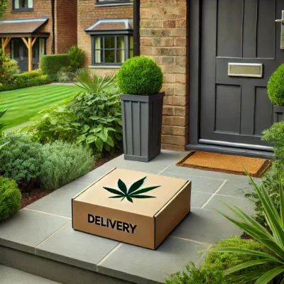 A high-quality image of a discreet cannabis delivery package, placed on a doorstep in a modern residential neighborhood.